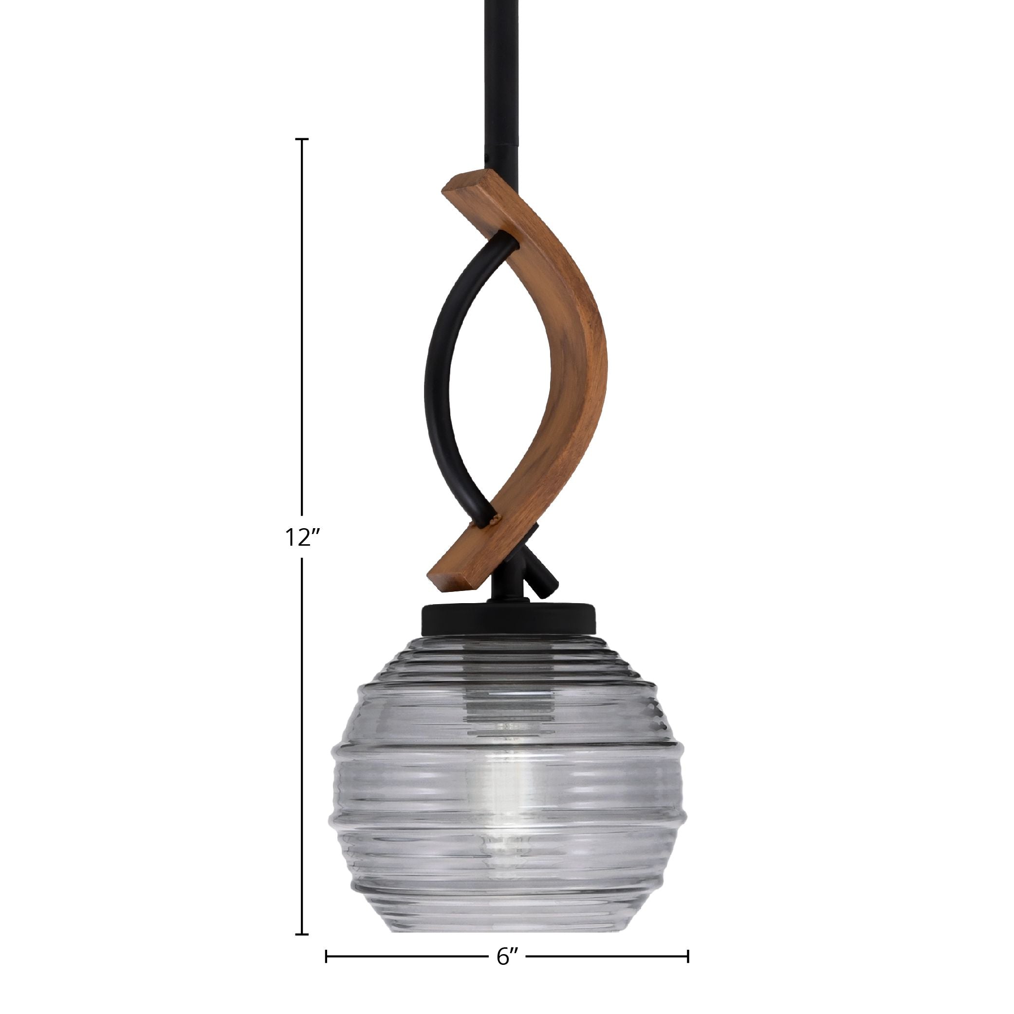 Monterey One Light Mini Pendant in Matte Black & Painted Wood-look Metal with 6" Smoke Ribbed Shade