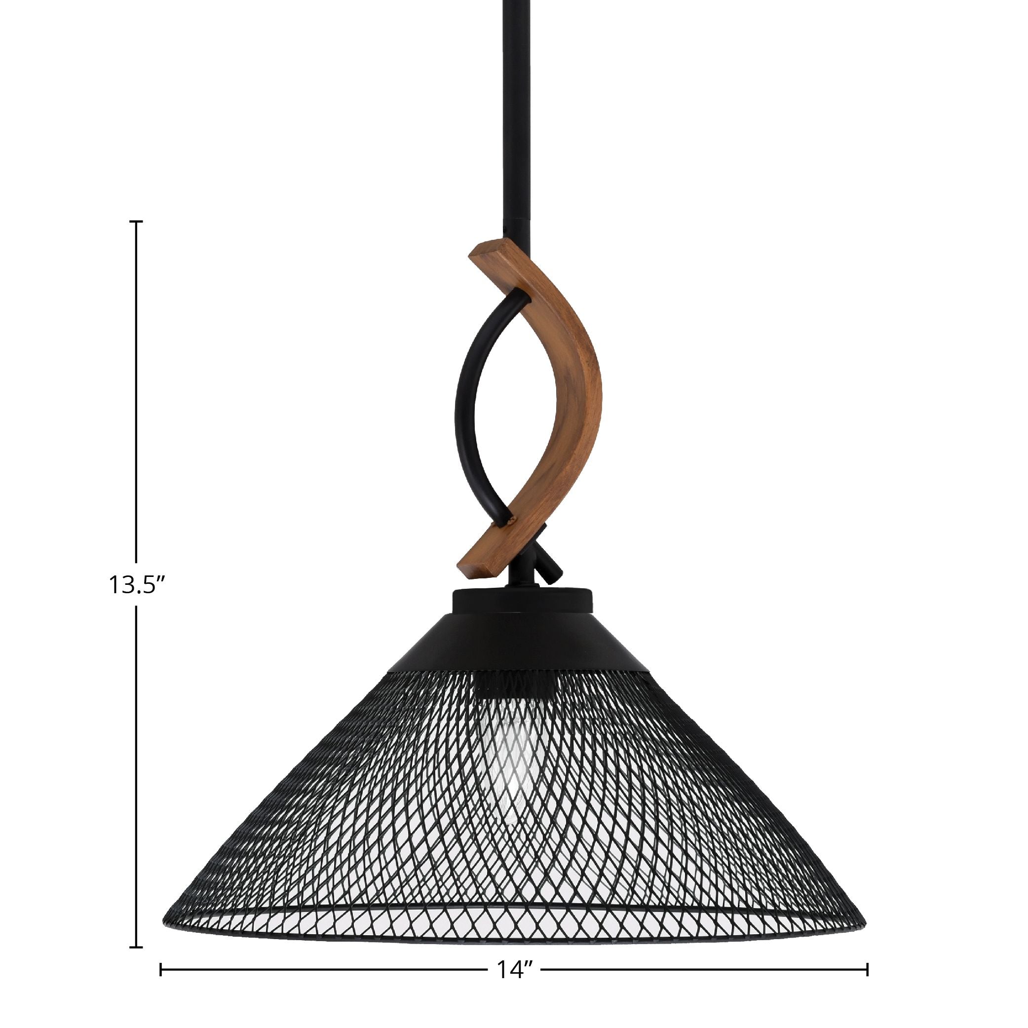 Monterey One Light Mini Pendant in Matte Black & Painted Wood-look Metal with 14" Matte Black Cone Mesh Metal Shade Shade