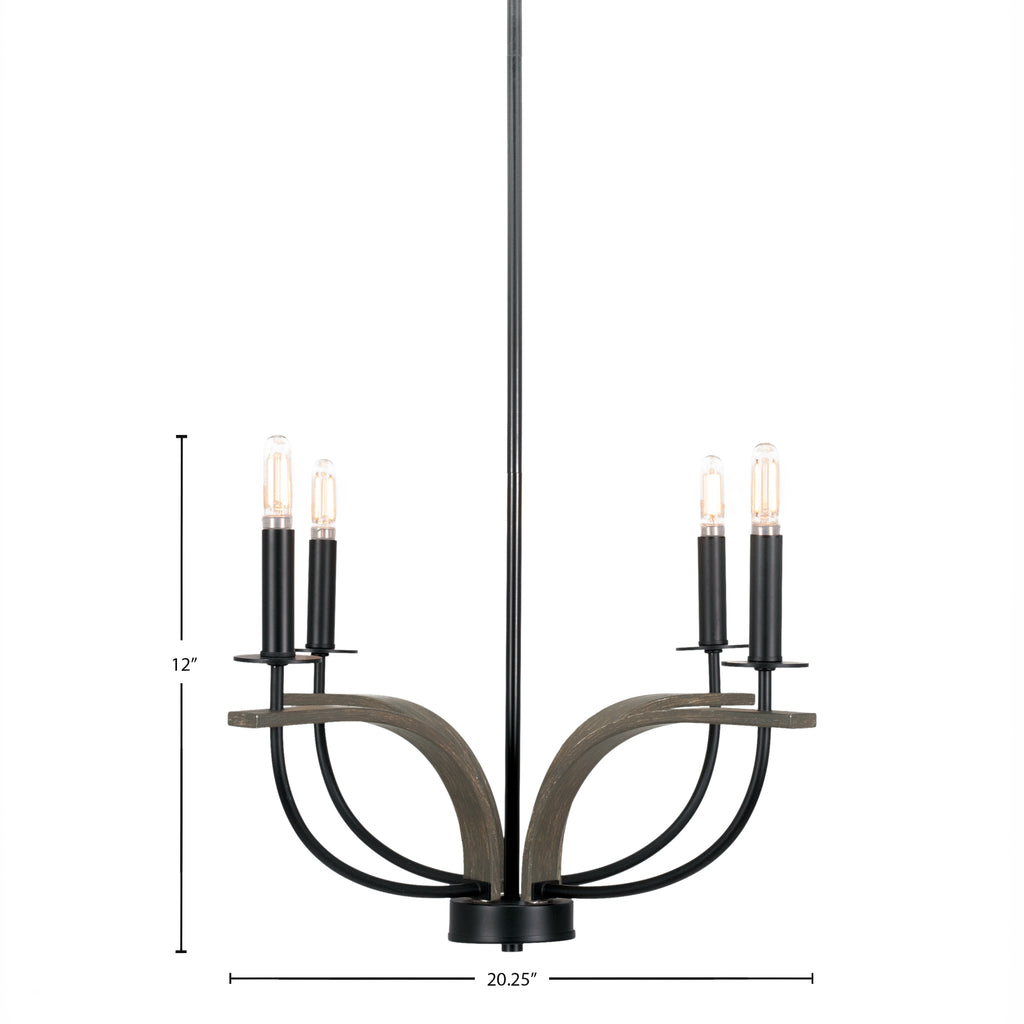 Monterey Four Light Chandelier in Matte Black & Painted Distressed Wood-look Metal