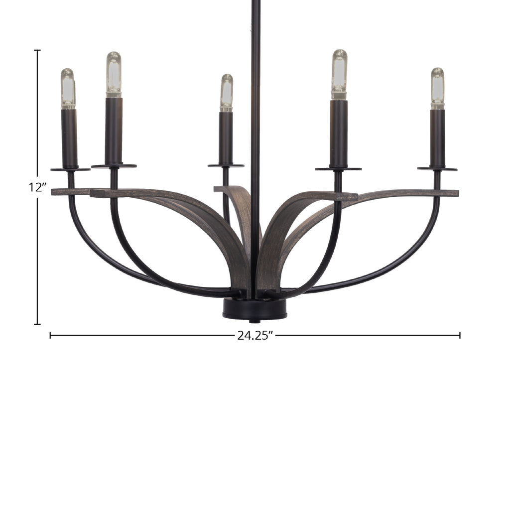 Monterey Five Light Chandelier in Matte Black & Painted Distressed Wood-look Metal