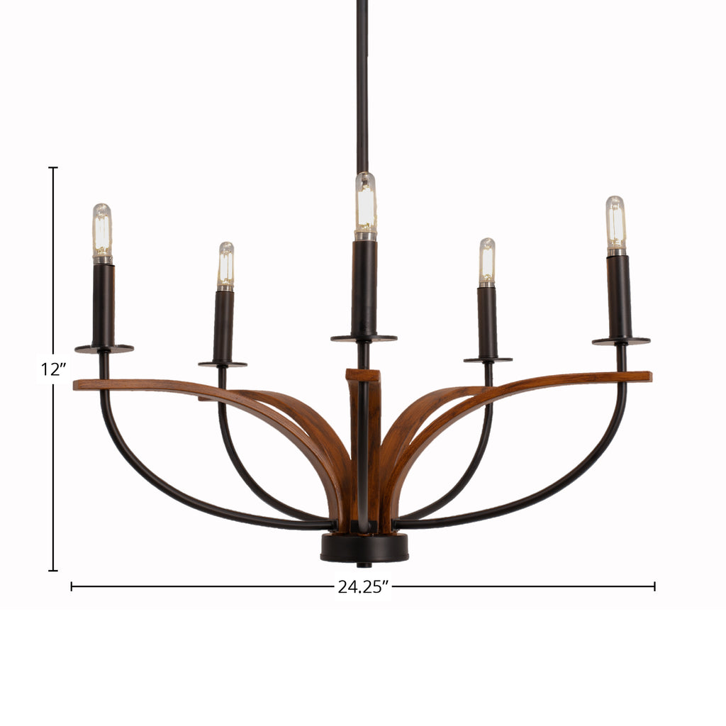 Monterey Five Light Chandelier in Matte Black & Painted Wood-look Metal