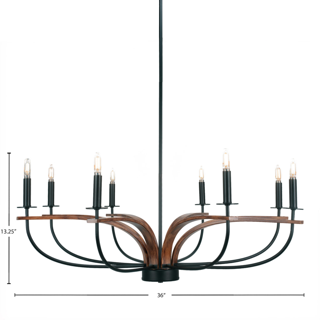 Monterey Eight Light Chandelier in Matte Black & Painted Wood-look Metal