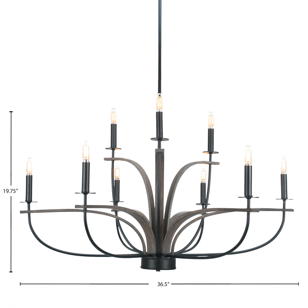 Monterey Nine Light Chandelier in Matte Black & Painted Distressed Wood-look Metal