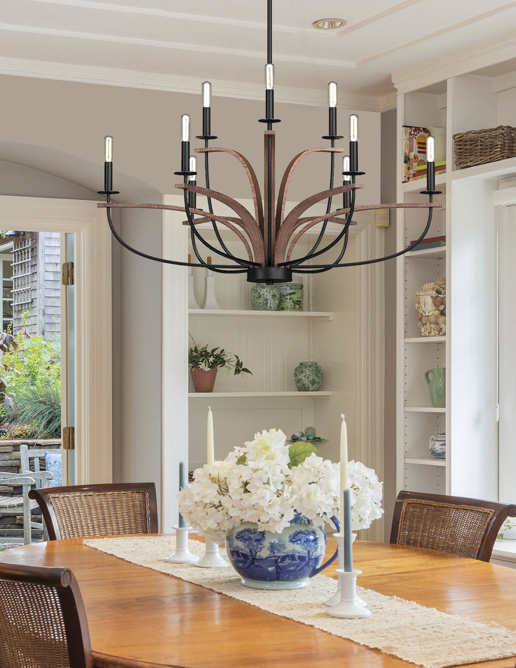 Monterey Nine Light Chandelier in Matte Black & Painted Wood-look Metal