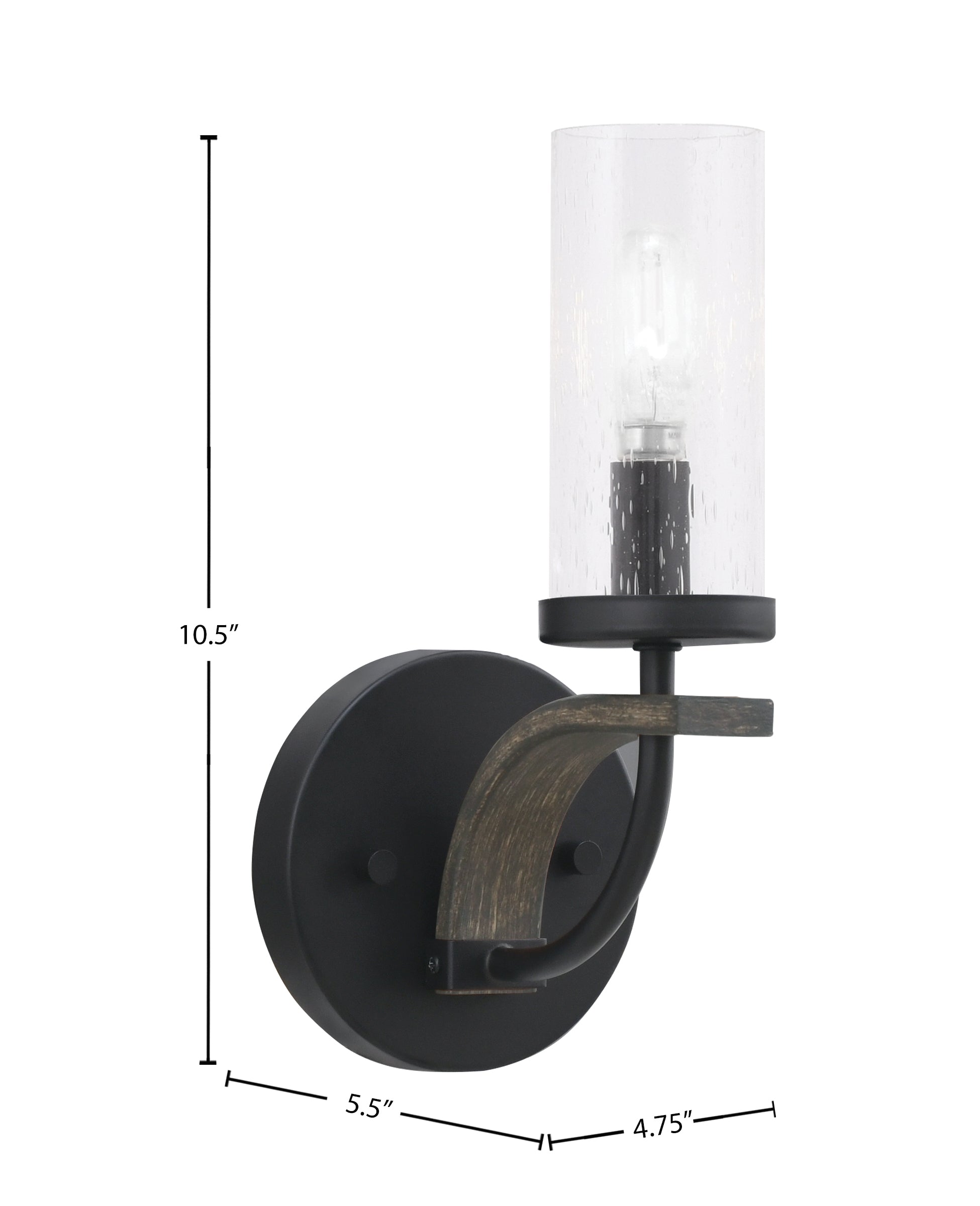 Monterey One Light Wall Sconce in Matte Black & Painted Distressed Wood-look Metal with 2.5" Clear Bubble Shade