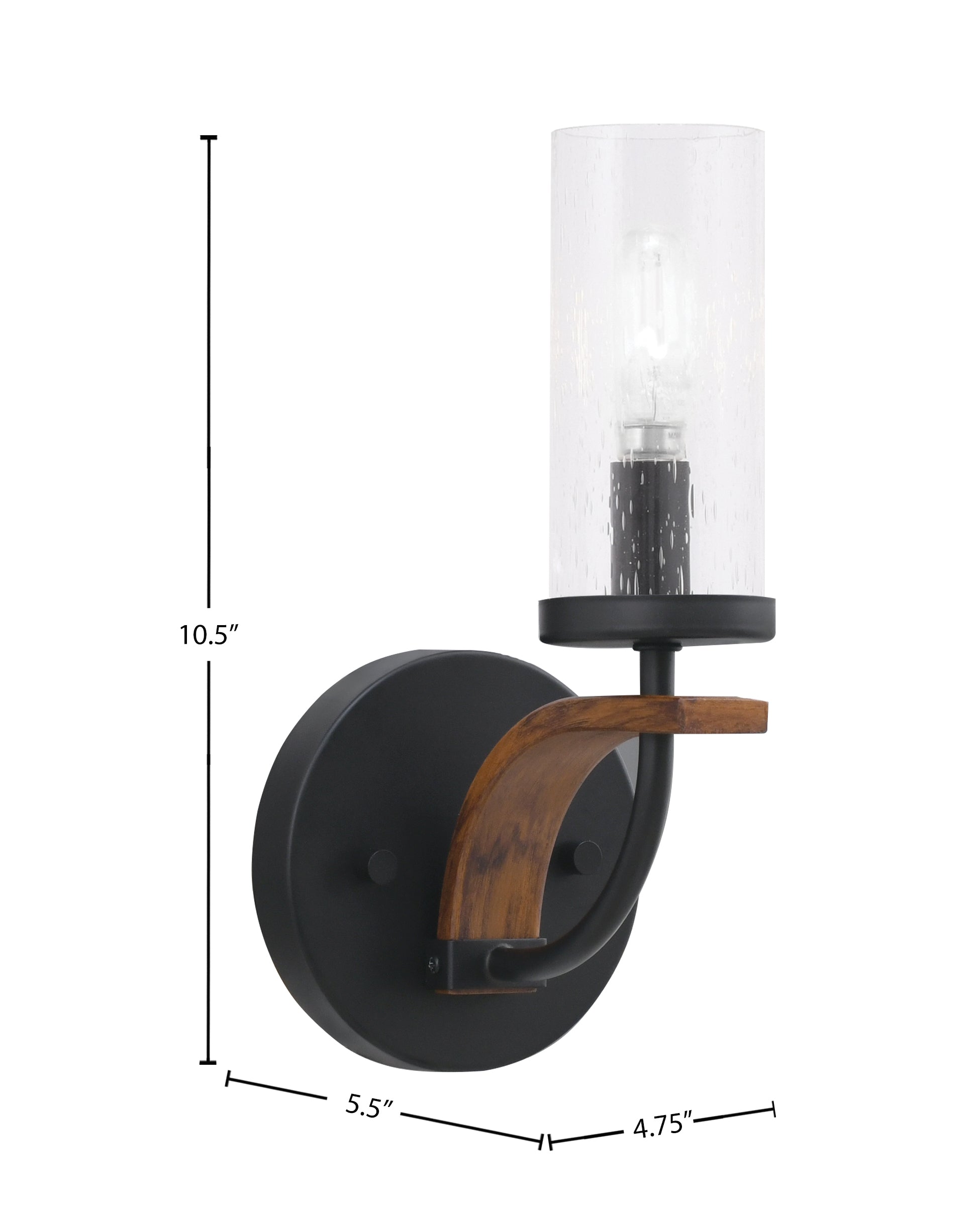 Monterey One Light Wall Sconce in Matte Black & Painted Wood-look Metal with 2.5" Clear Bubble Shade