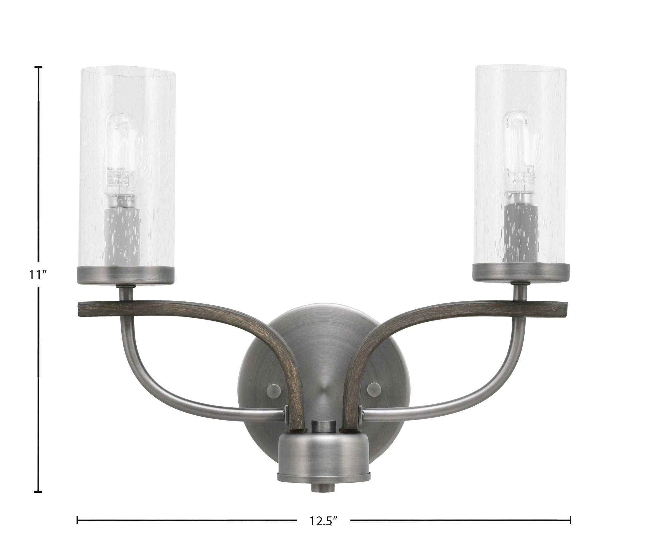 Monterey Two Light Bath Bar in Graphite & Painted Distressed Wood-look Metal with 2.5" Clear Bubble Shade