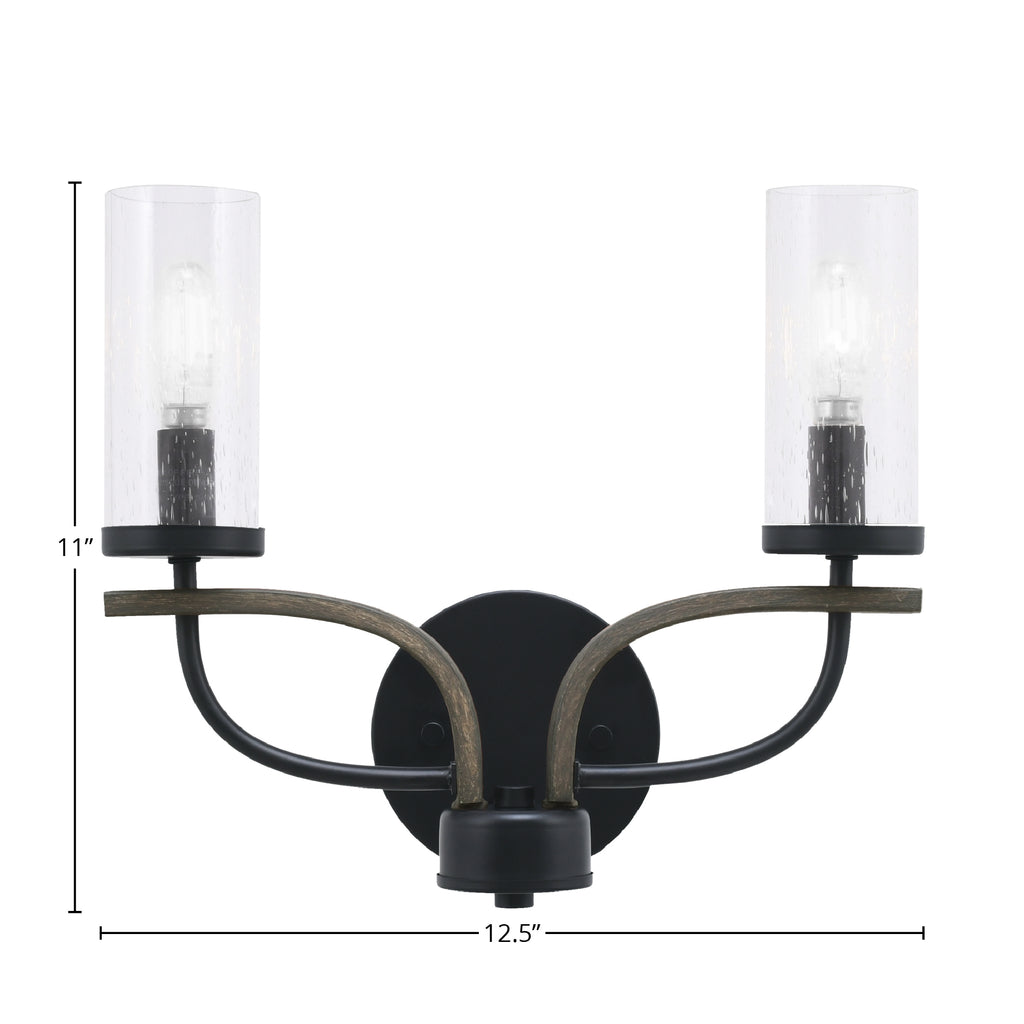 Monterey Two Light Bath Bar in Matte Black & Painted Distressed Wood-look Metal with 2.5" Clear Bubble Shade
