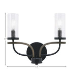 Monterey Two Light Bath Bar in Matte Black & Painted Distressed Wood-look Metal with 2.5" Clear Bubble Shade