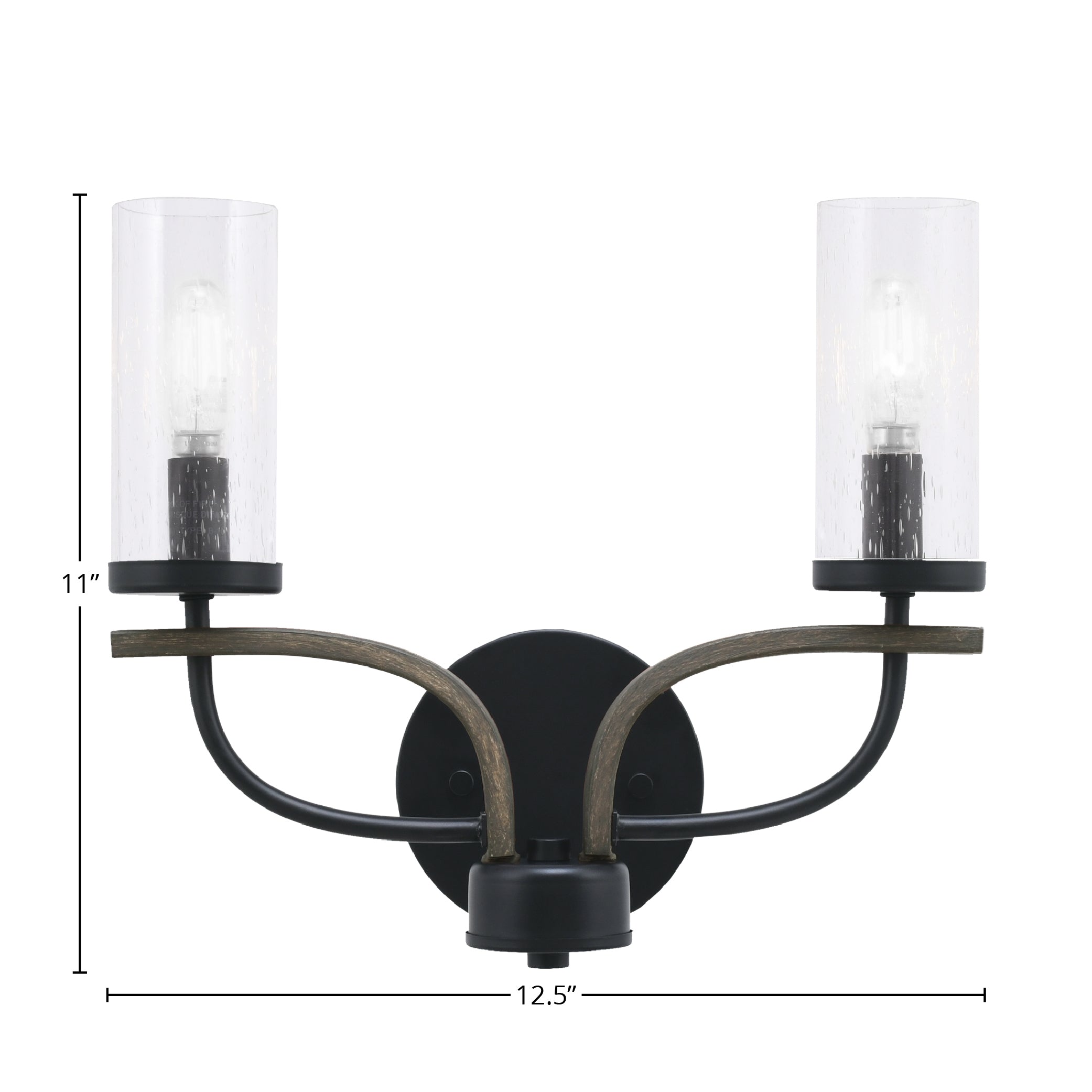 Monterey Two Light Bath Bar in Matte Black & Painted Distressed Wood-look Metal with 2.5" Clear Bubble Shade