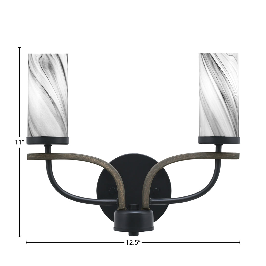 Monterey Two Light Bath Bar in Matte Black & Painted Distressed Wood-look Metal with 2.5" Onyx Swirl Shade