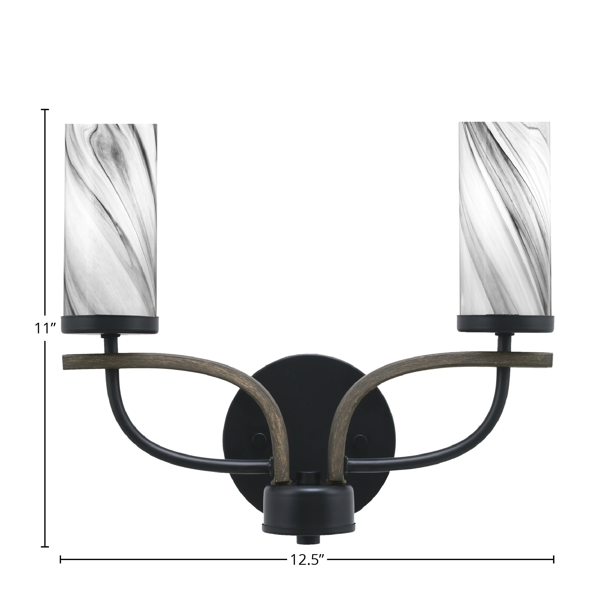 Monterey Two Light Bath Bar in Matte Black & Painted Distressed Wood-look Metal with 2.5" Onyx Swirl Shade
