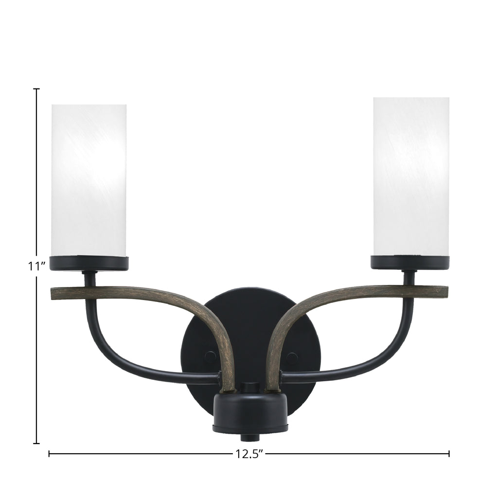 Monterey Two Light Bath Bar in Matte Black & Painted Distressed Wood-look Metal with 2.5" White Marble Shade