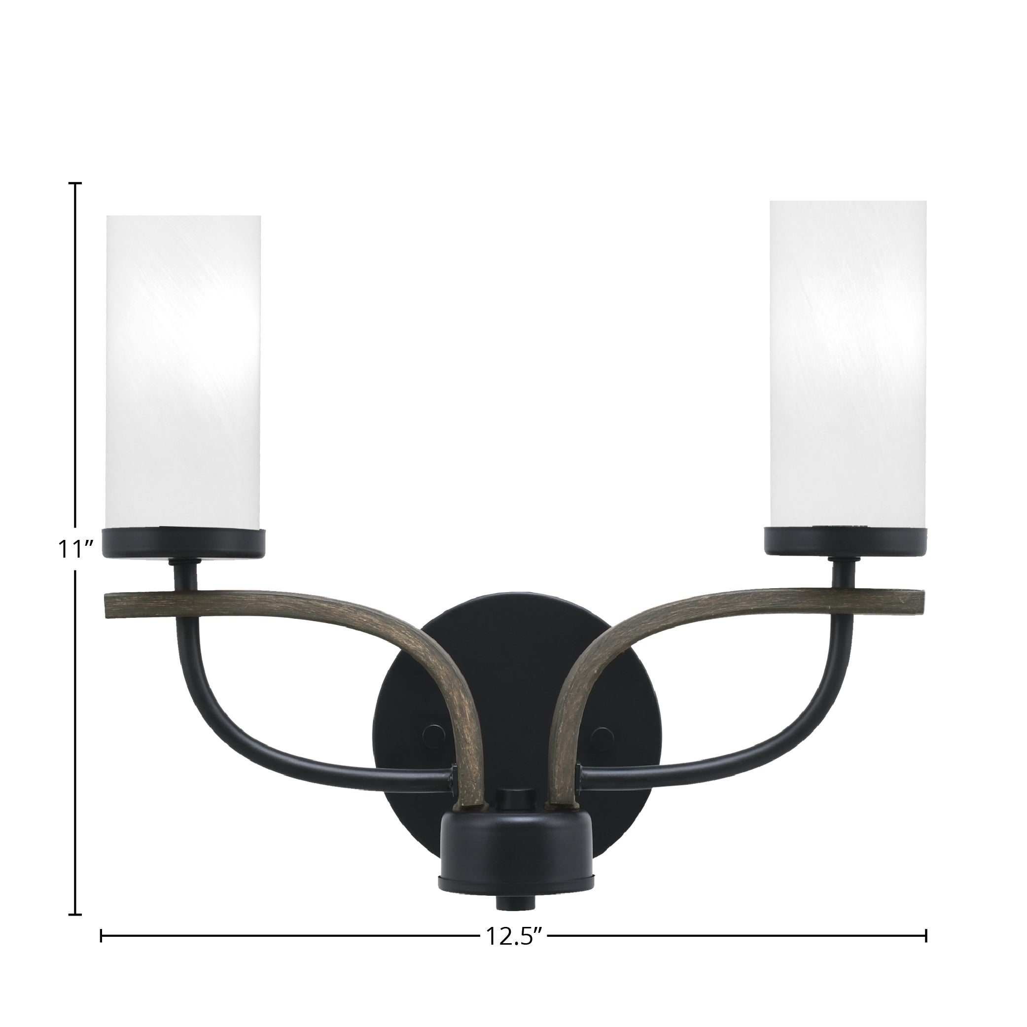 Monterey Two Light Bath Bar in Matte Black & Painted Distressed Wood-look Metal with 2.5" White Marble Shade