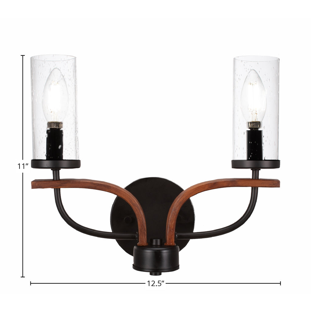 Monterey Two Light Bath Bar in Matte Black & Painted Wood-look Metal with 2.5" Clear Bubble Shade