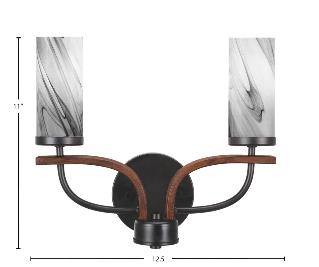 Monterey Two Light Bath Bar in Matte Black & Painted Wood-look Metal with 2.5" Onyx Swirl Shade