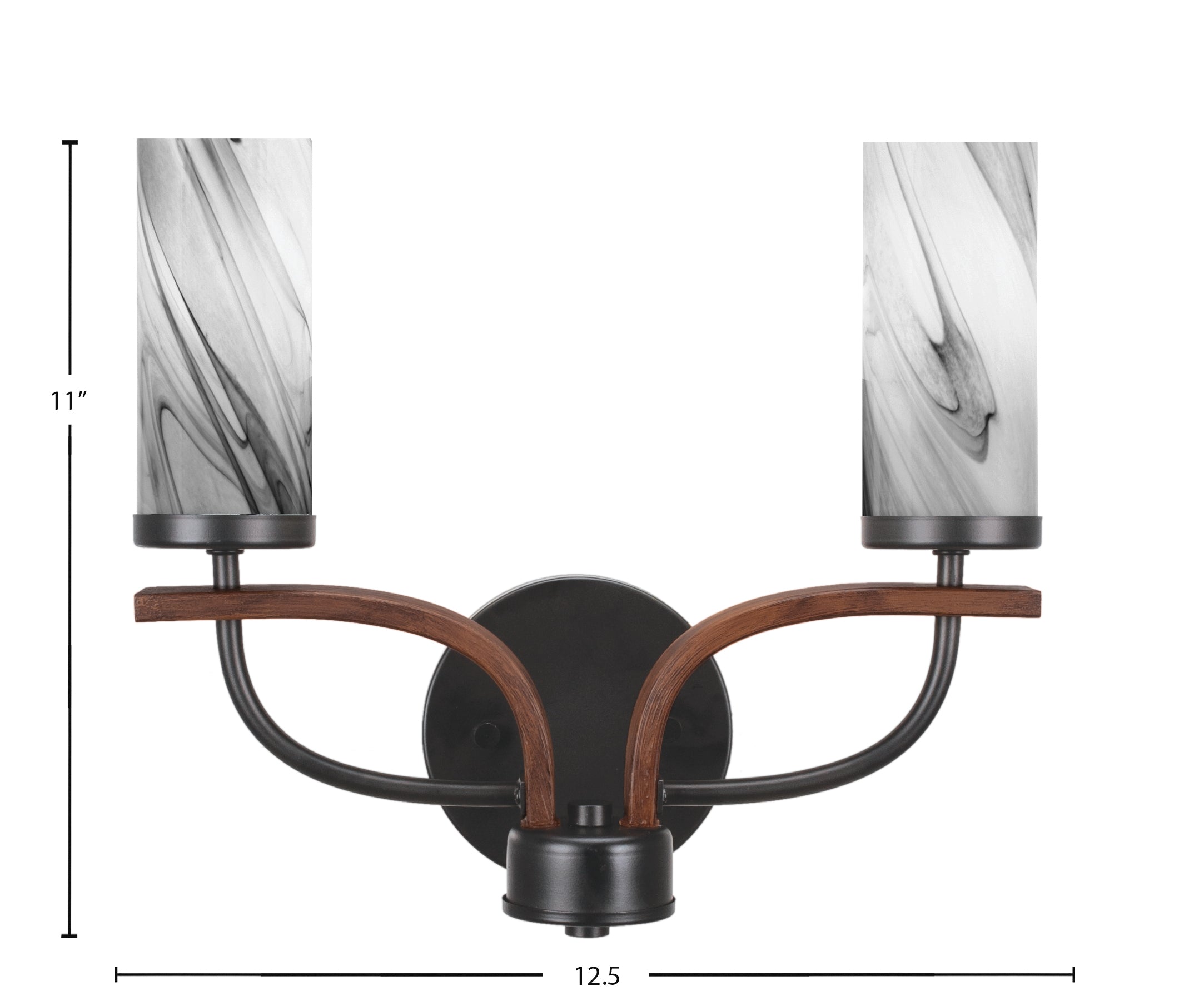 Monterey Two Light Bath Bar in Matte Black & Painted Wood-look Metal with 2.5" Onyx Swirl Shade