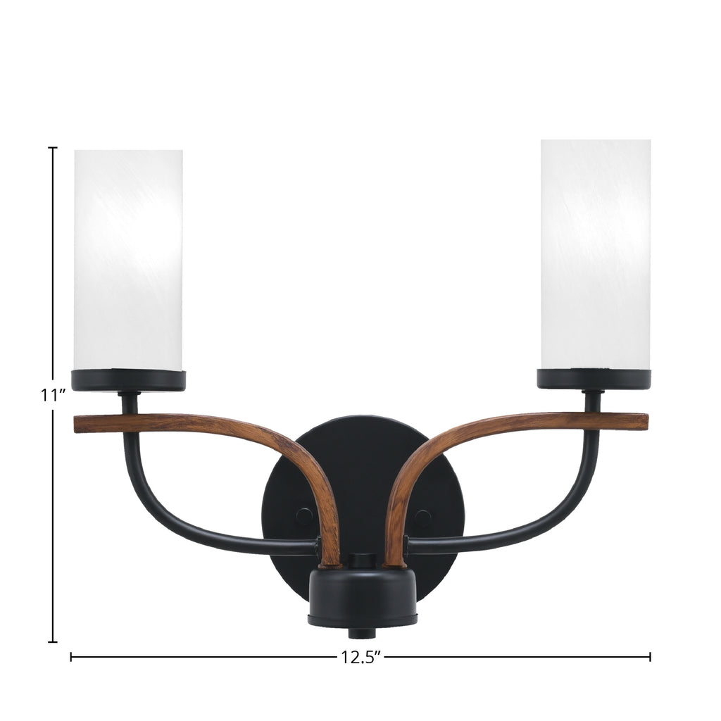 Monterey Two Light Bath Bar in Matte Black & Painted Wood-look Metal with 2.5" White Marble Shade