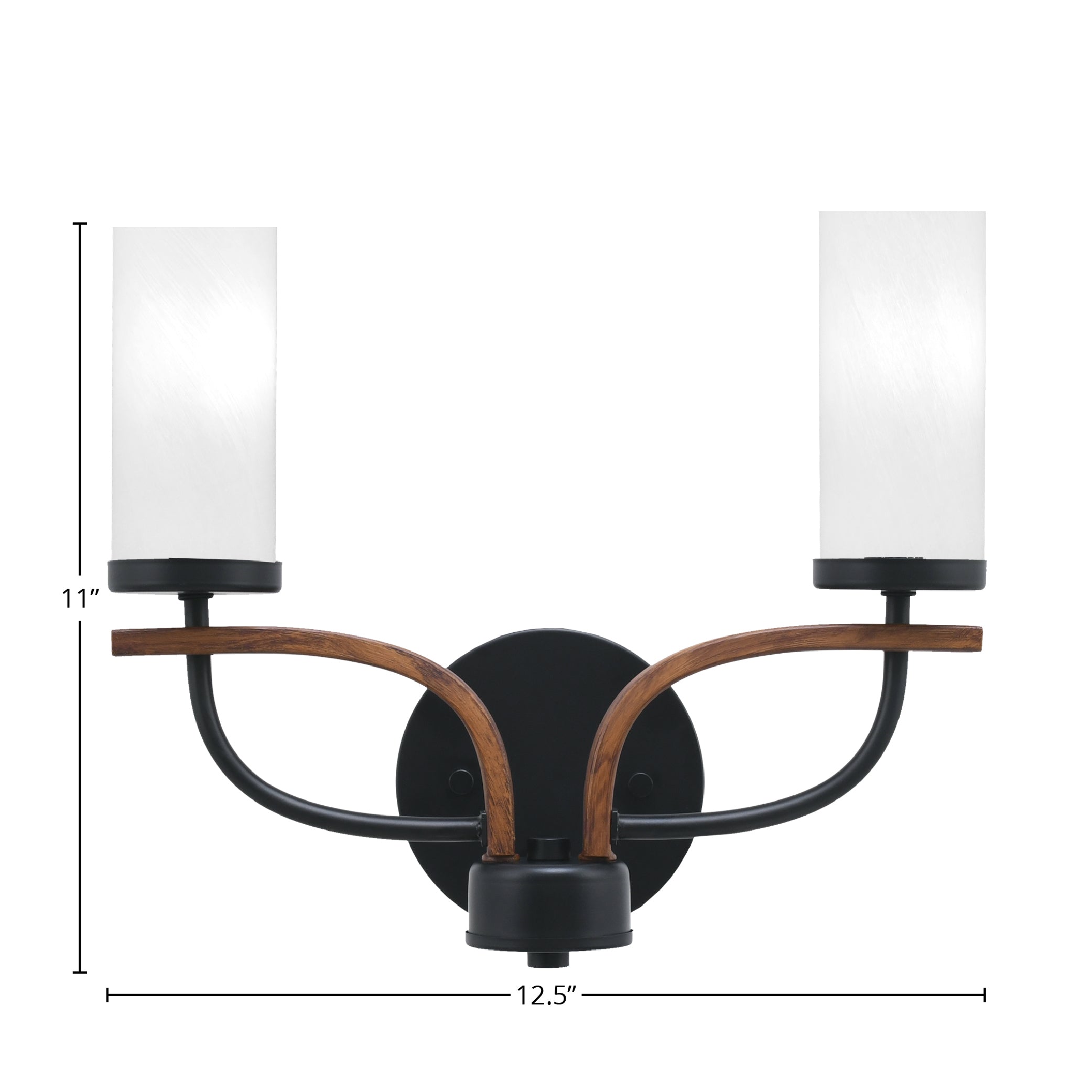 Monterey Two Light Bath Bar in Matte Black & Painted Wood-look Metal with 2.5" White Marble Shade