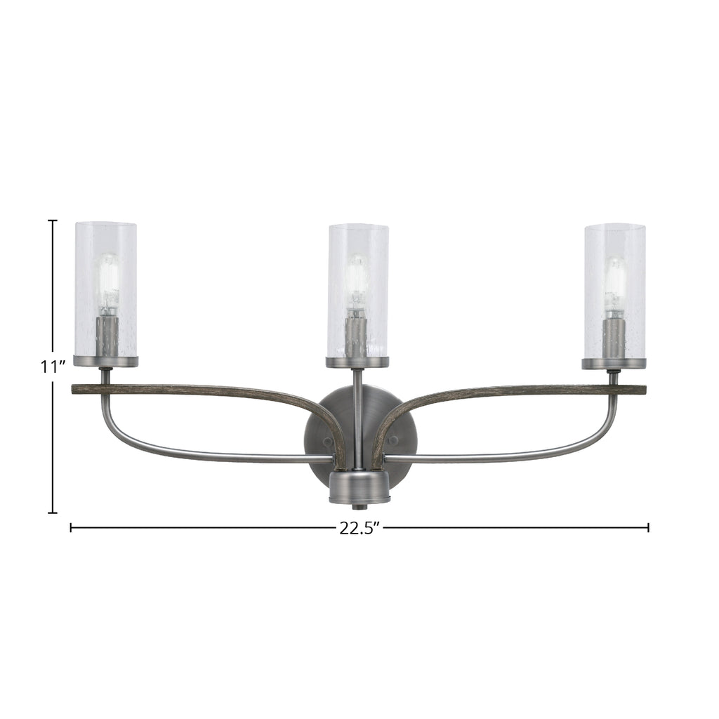 Monterey Three Light Bath Bar in Graphite & Painted Distressed Wood-look Metal with 2.5" Clear Bubble Shade