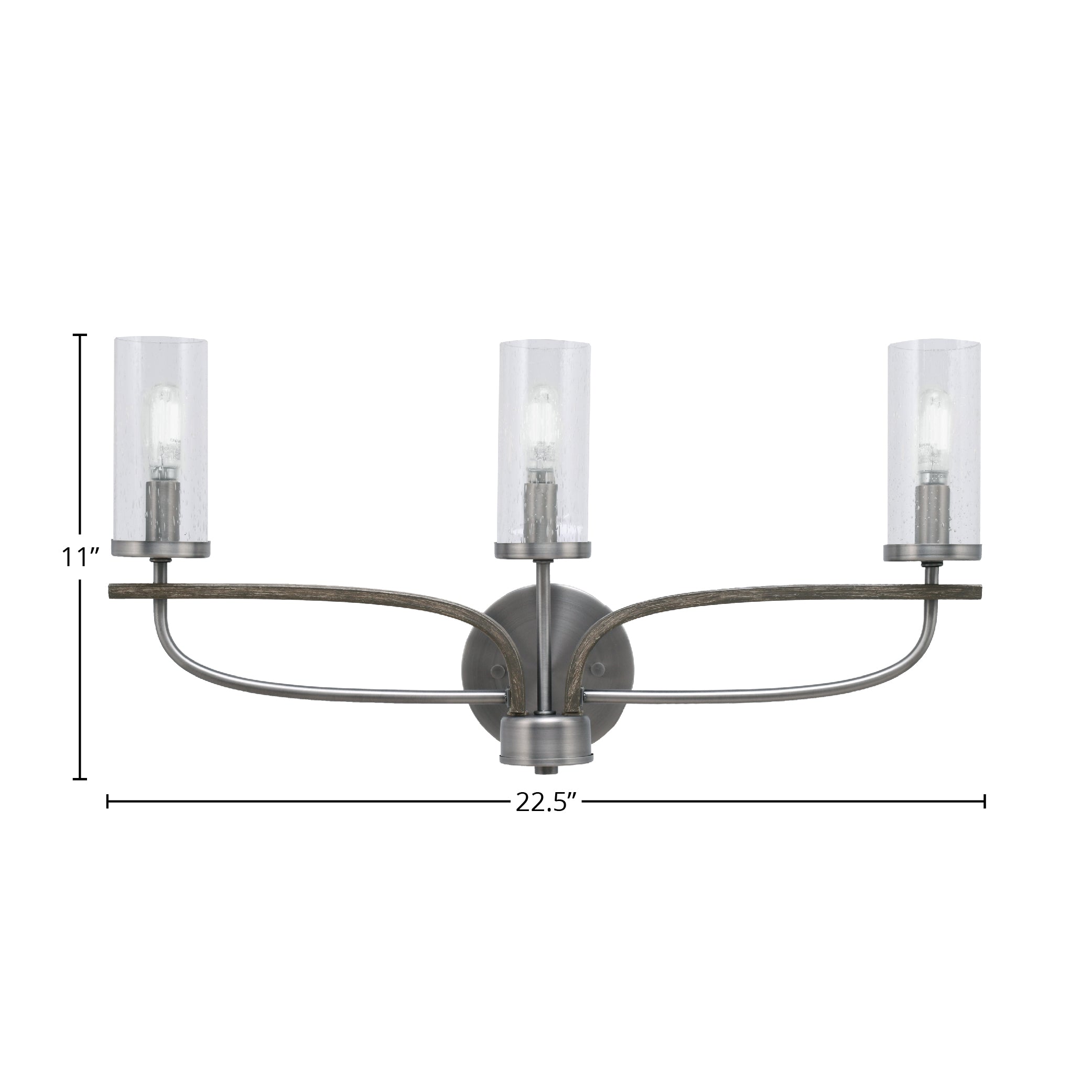 Monterey Three Light Bath Bar in Graphite & Painted Distressed Wood-look Metal with 2.5" Clear Bubble Shade