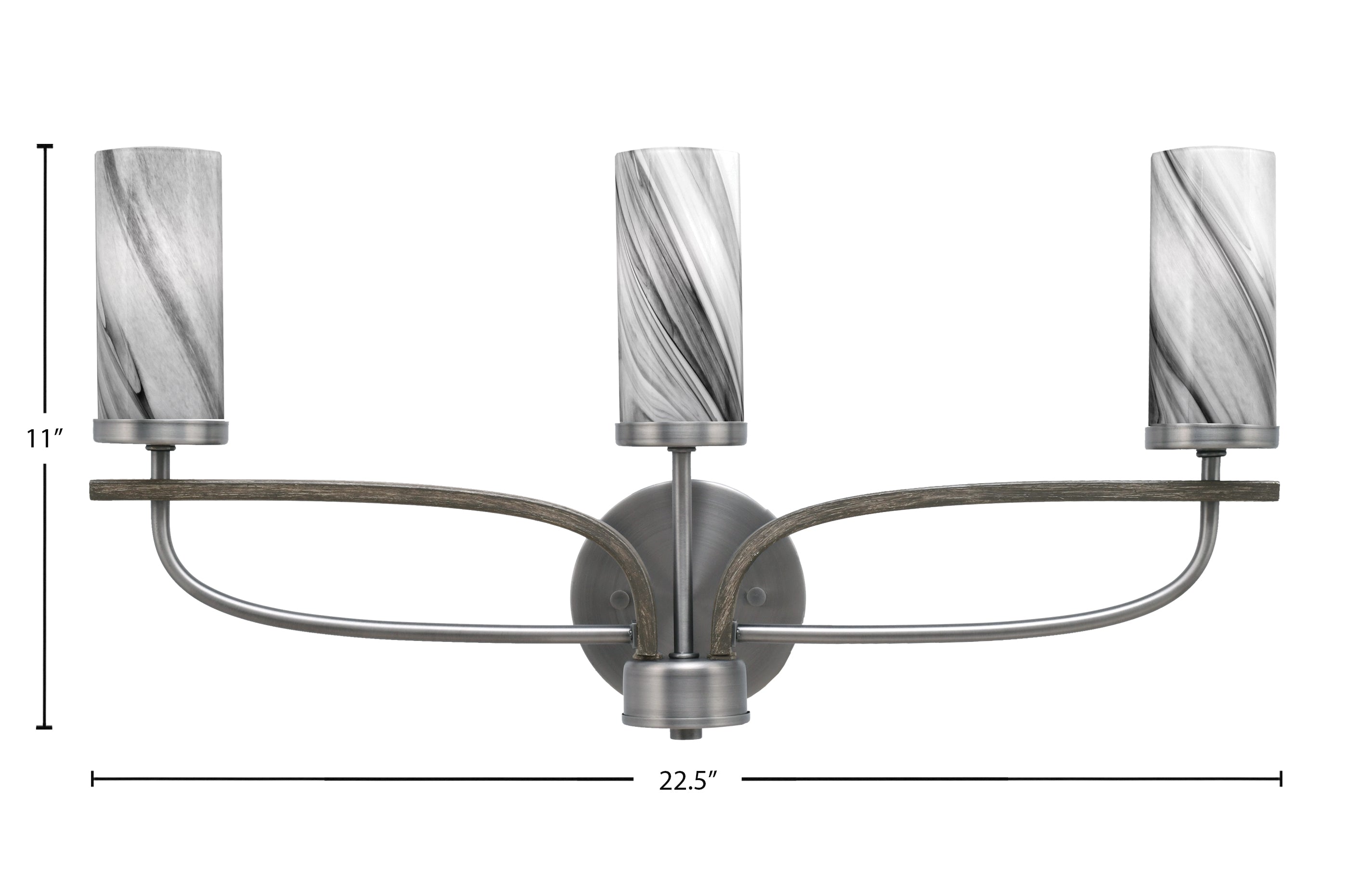 Monterey Three Light Bath Bar in Graphite & Painted Distressed Wood-look Metal with 2.5" Onyx Swirl Shade
