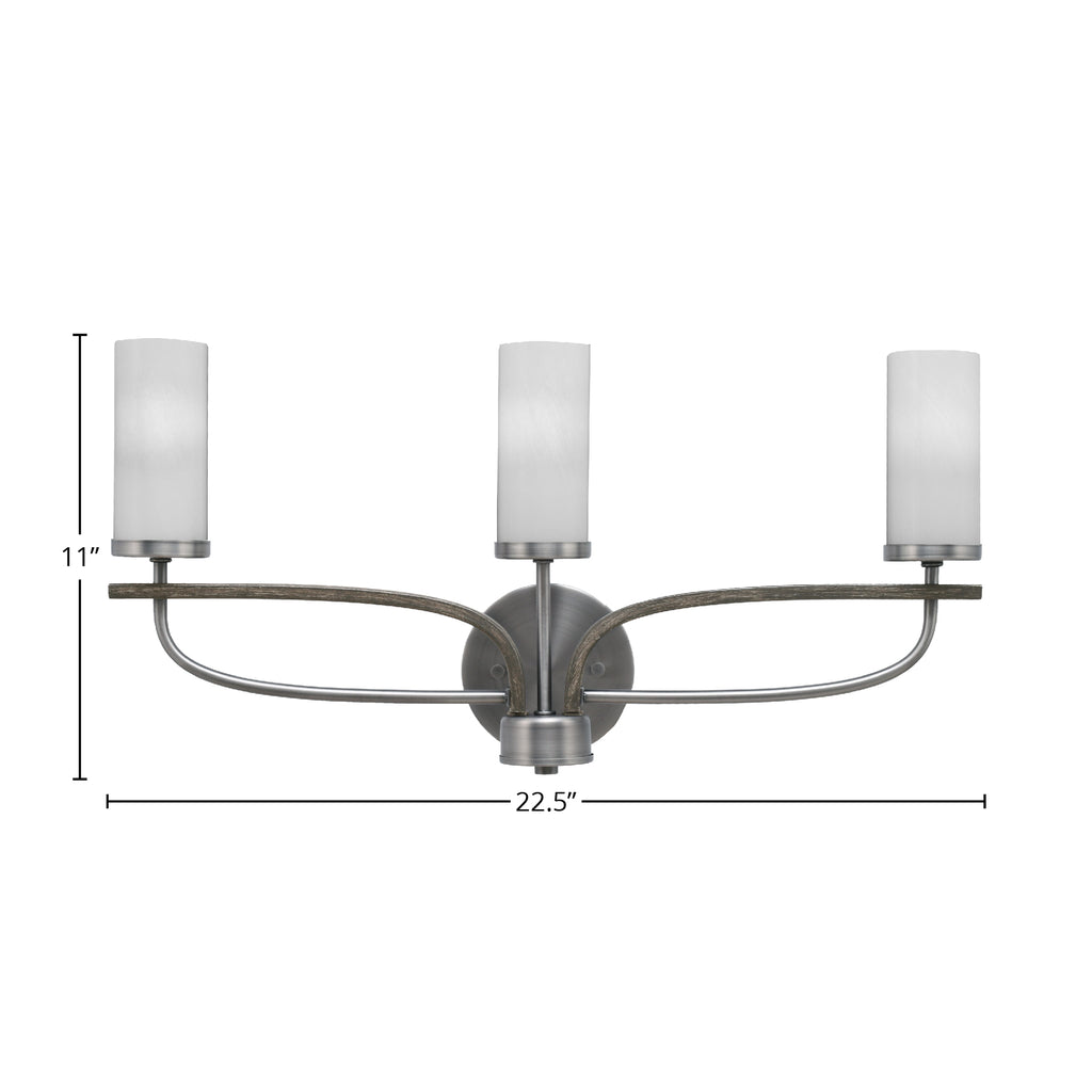 Monterey Three Light Bath Bar in Graphite & Painted Distressed Wood-look Metal with 2.5" White Marble Shade