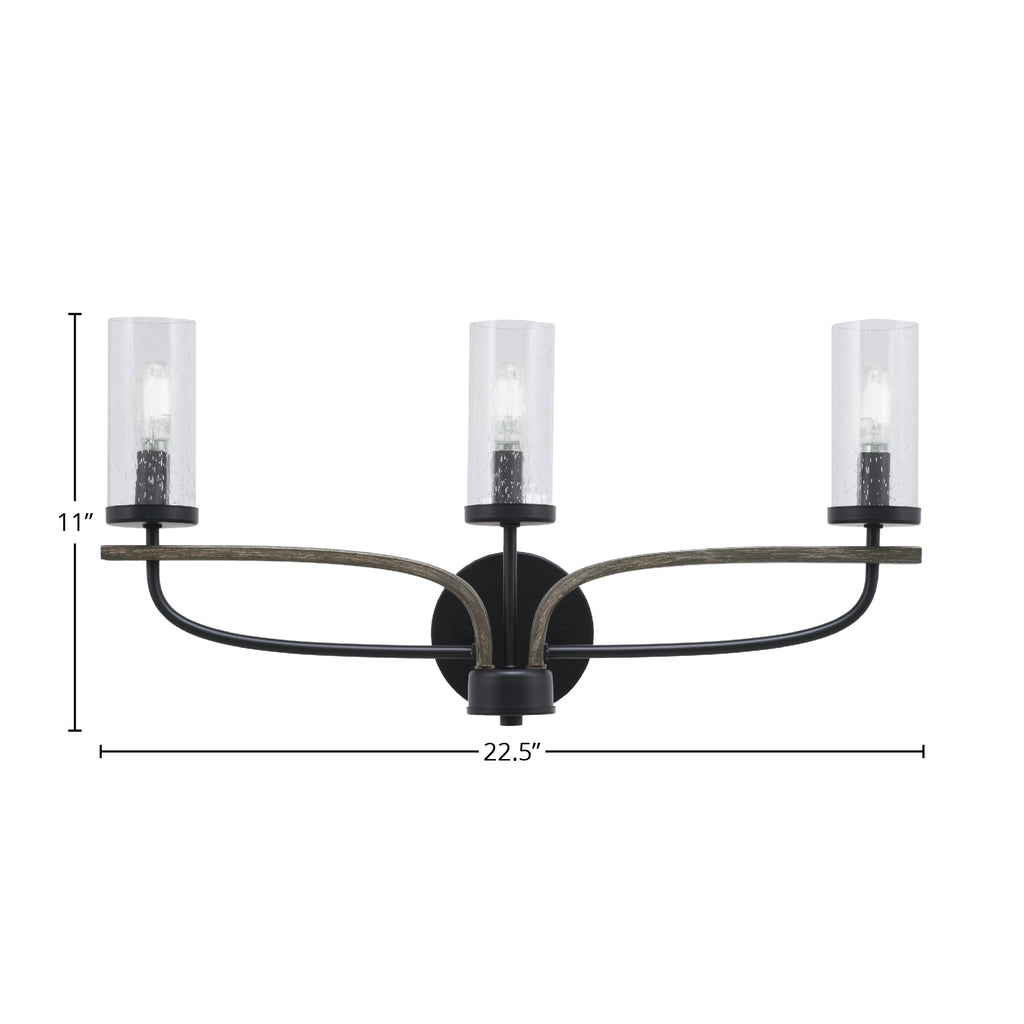 Monterey Three Light Bath Bar in Matte Black & Painted Distressed Wood-look Metal with 2.5" Clear Bubble Shade