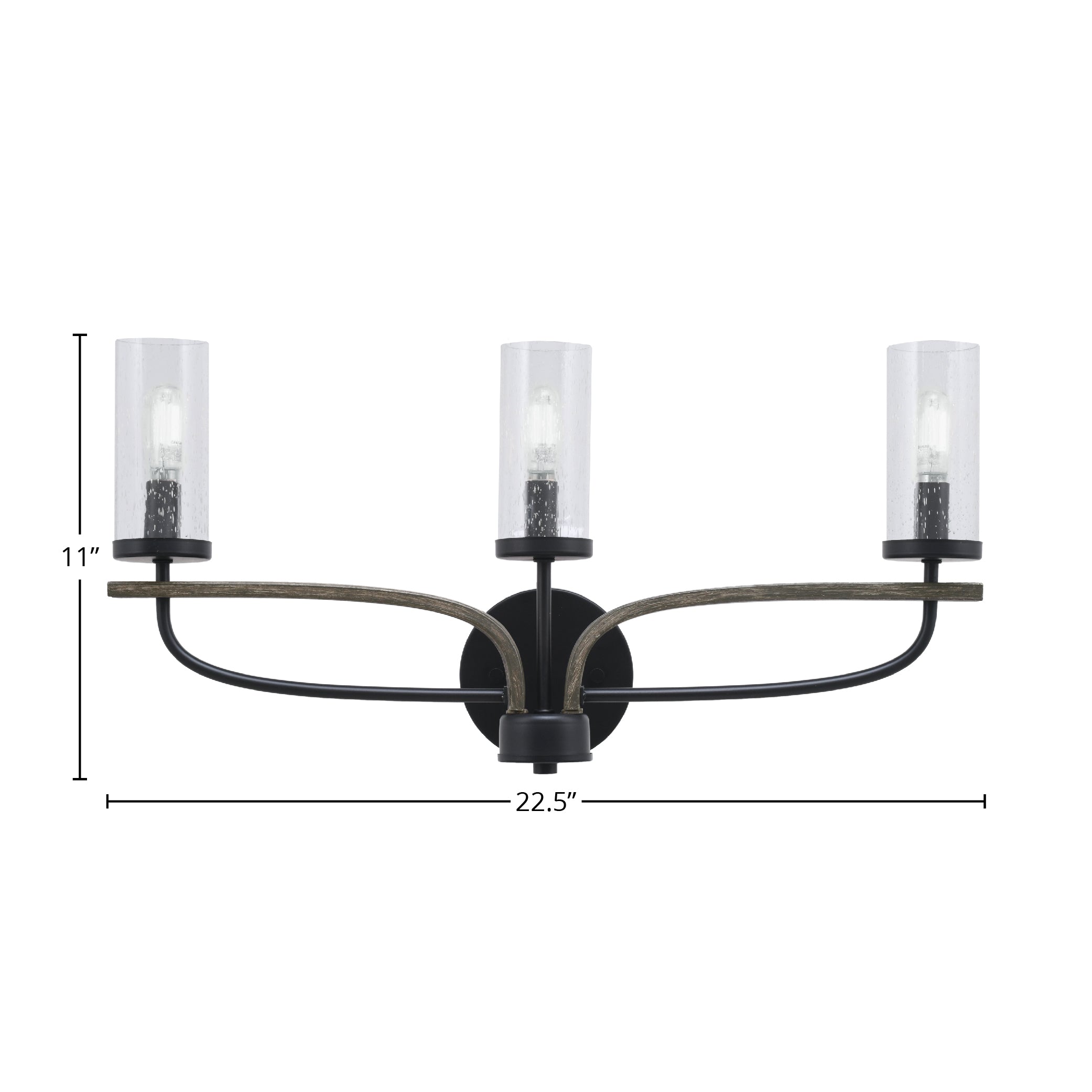 Monterey Three Light Bath Bar in Matte Black & Painted Distressed Wood-look Metal with 2.5" Clear Bubble Shade