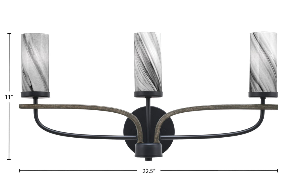 Monterey Three Light Bath Bar in Matte Black & Painted Distressed Wood-look Metal with 2.5" Onyx Swirl Shade