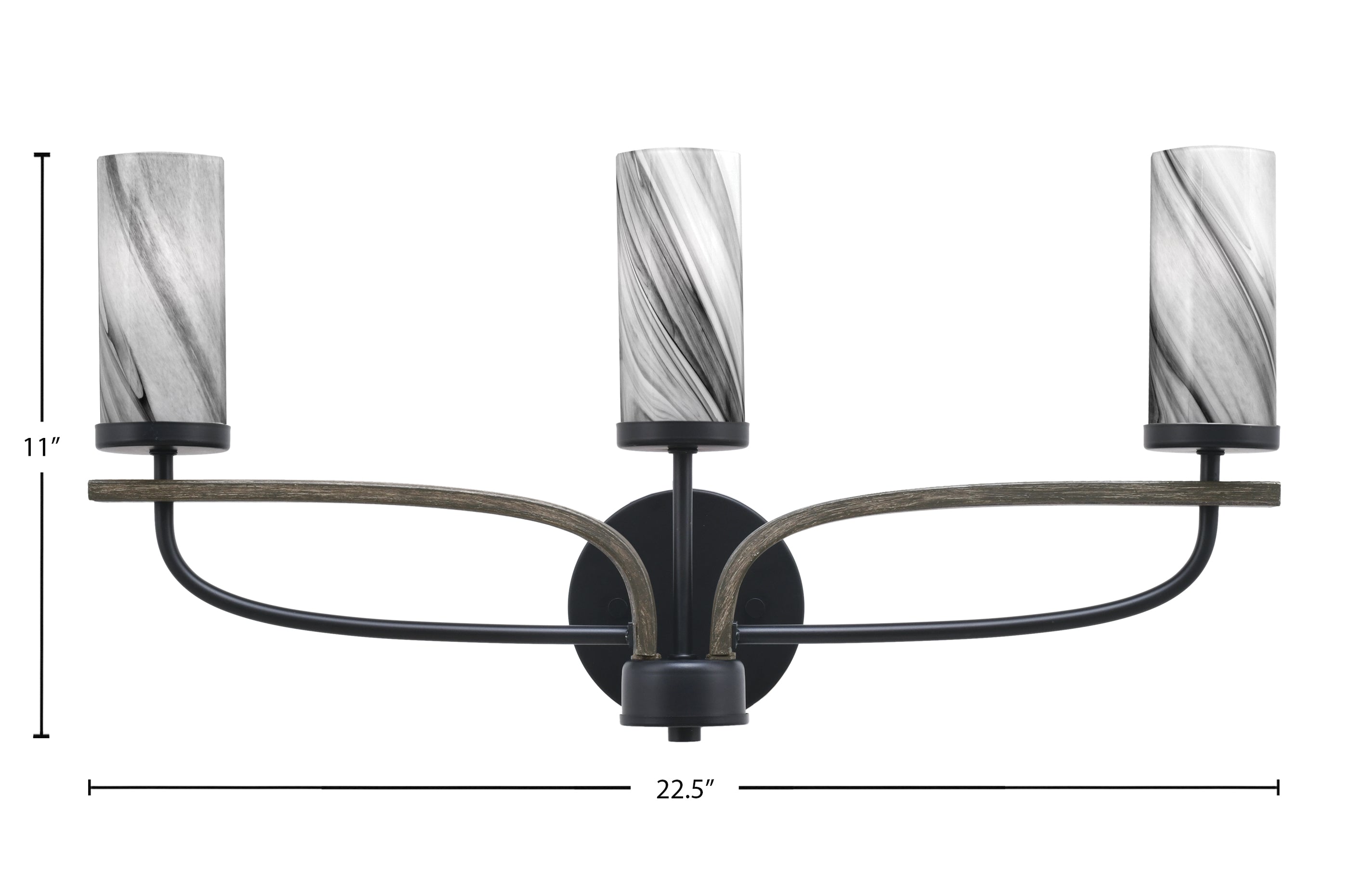 Monterey Three Light Bath Bar in Matte Black & Painted Distressed Wood-look Metal with 2.5" Onyx Swirl Shade
