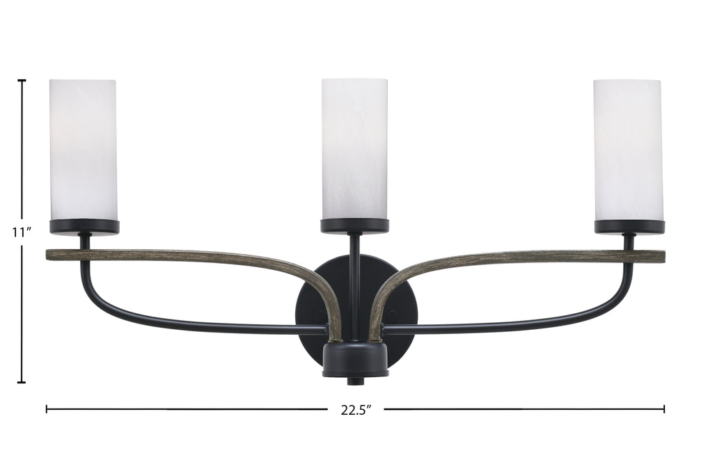 Monterey Three Light Bath Bar in Matte Black & Painted Distressed Wood-look Metal with 2.5" White Marble Shade