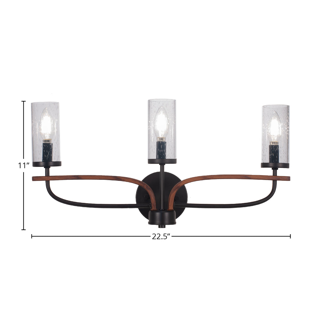 Monterey Three Light Bath Bar in Matte Black & Painted Wood-look Metal with 2.5" Clear Bubble Shade