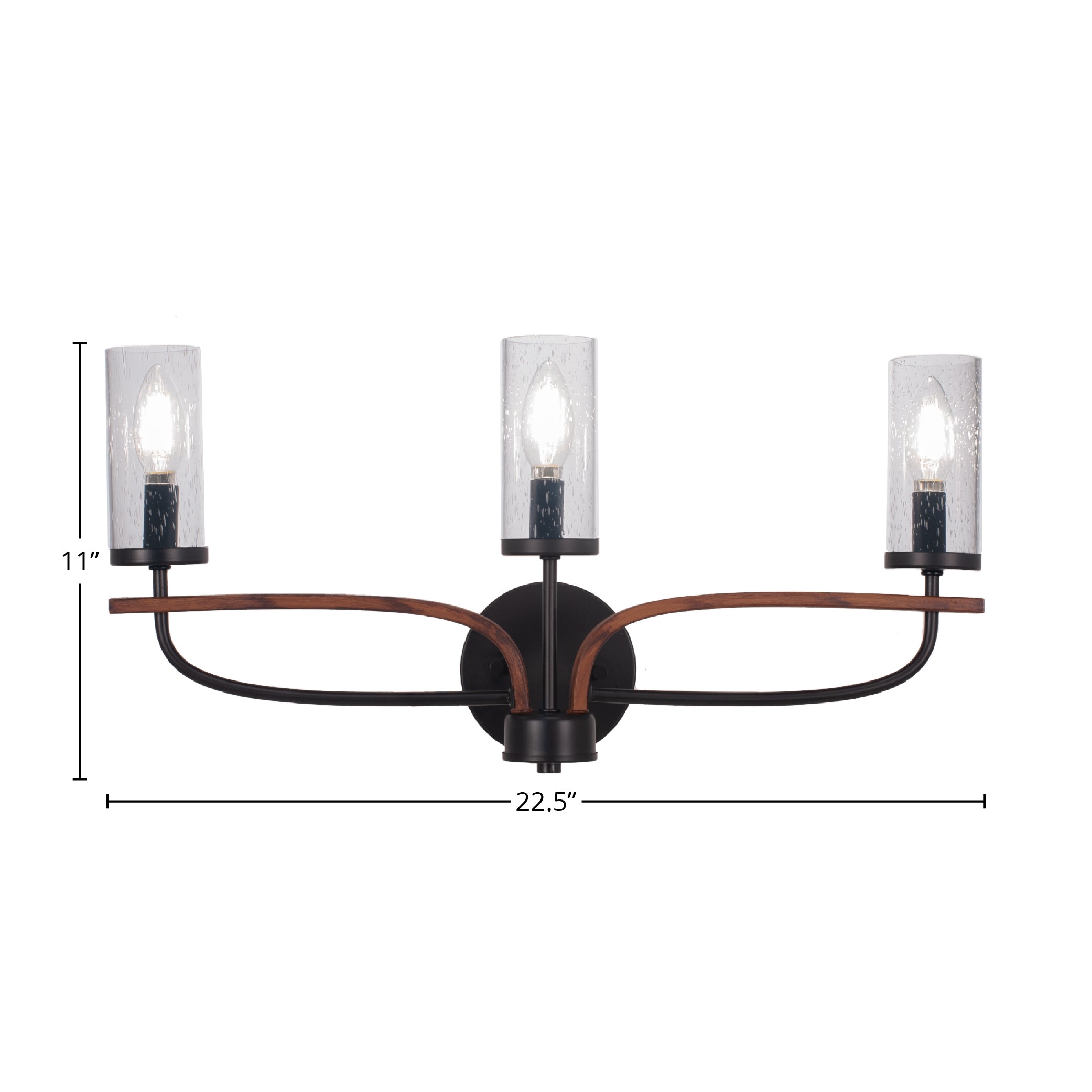 Monterey Three Light Bath Bar in Matte Black & Painted Wood-look Metal with 2.5" Clear Bubble Shade