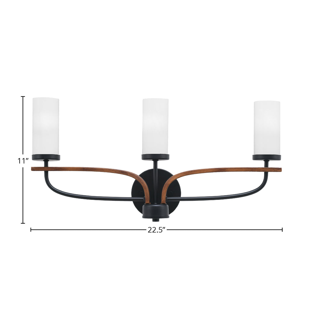 Monterey Three Light Bath Bar in Matte Black & Painted Wood-look Metal with 2.5" White Marble Shade