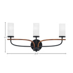 Monterey Three Light Bath Bar in Matte Black & Painted Wood-look Metal with 2.5" White Marble Shade
