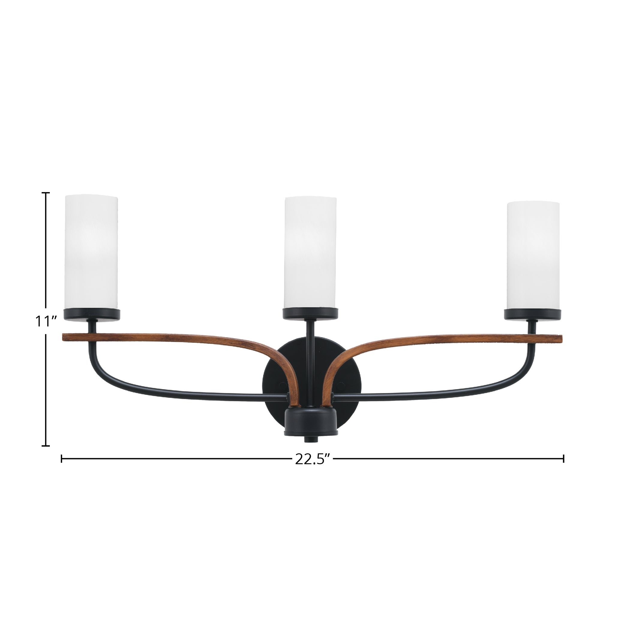 Monterey Three Light Bath Bar in Matte Black & Painted Wood-look Metal with 2.5" White Marble Shade