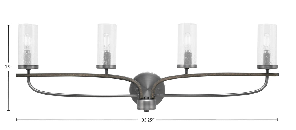 Monterey Four Light Bath Bar in Graphite & Painted Distressed Wood-look Metal with 2.5" Clear Bubble Shade