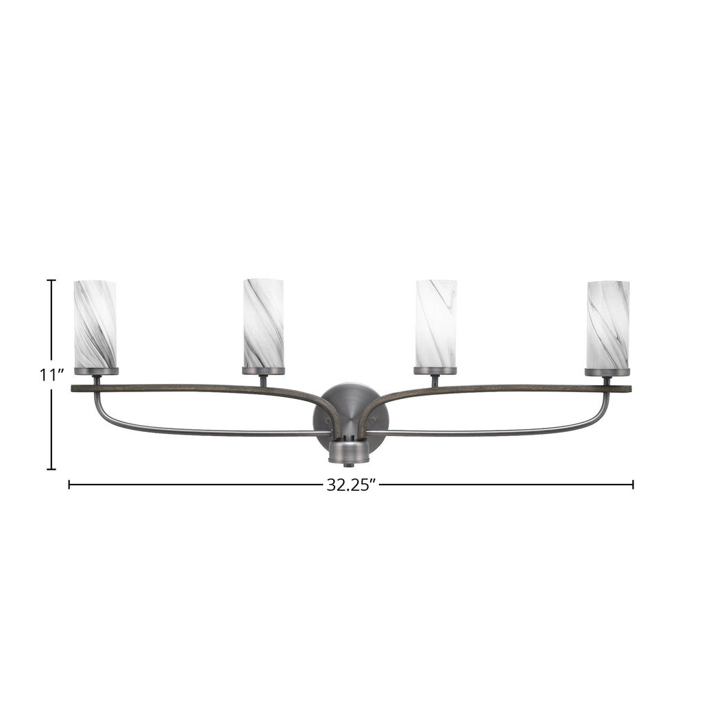 Monterey Four Light Bath Bar in Graphite & Painted Distressed Wood-look Metal with 2.5" Onyx Swirl Shade