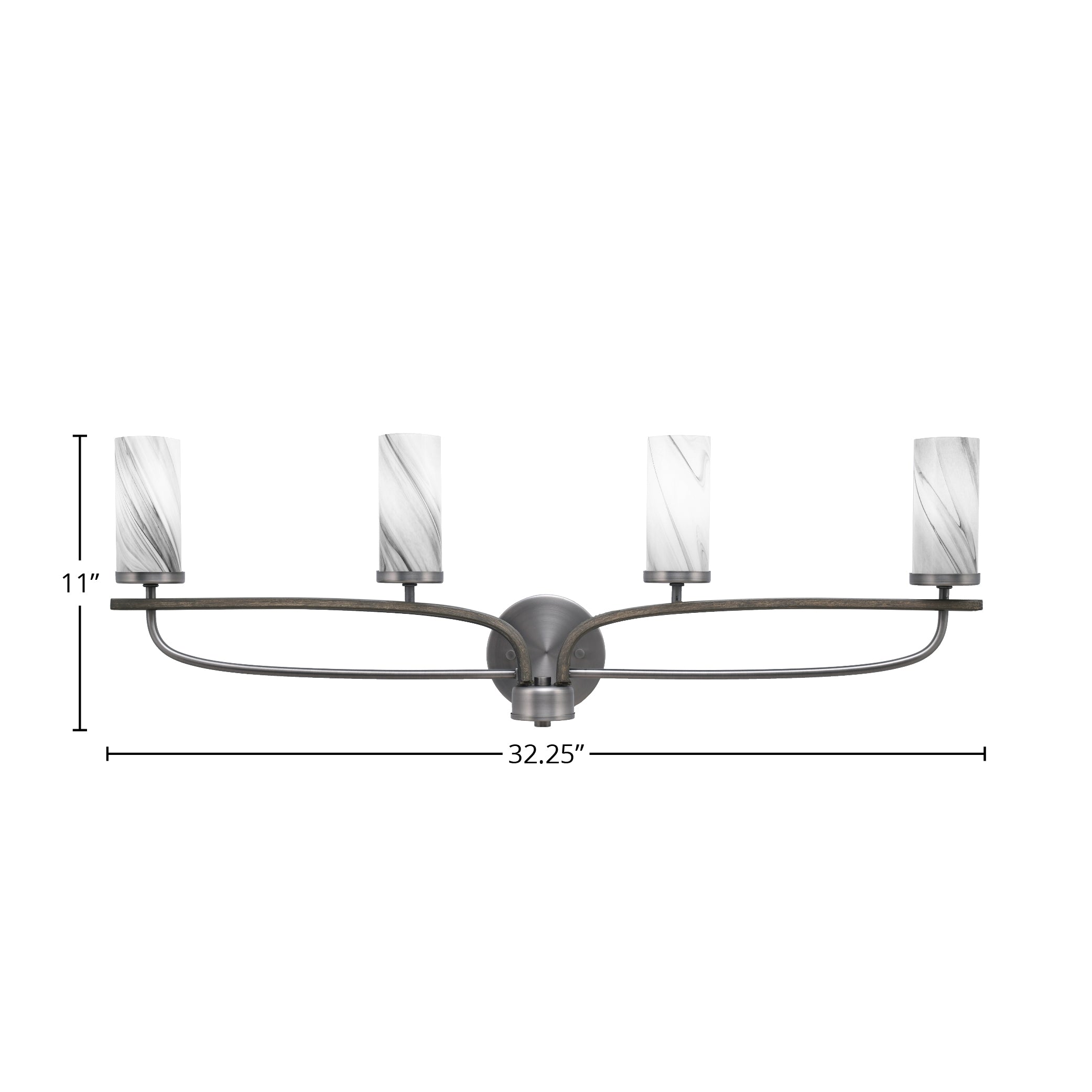Monterey Four Light Bath Bar in Graphite & Painted Distressed Wood-look Metal with 2.5" Onyx Swirl Shade