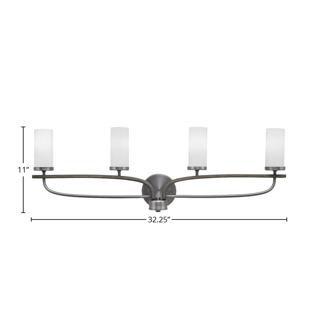 Monterey Four Light Bath Bar in Graphite & Painted Distressed Wood-look Metal with 2.5" White Marble Shade