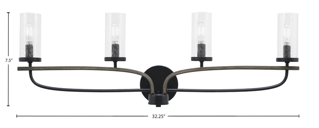 Monterey Four Light Bath Bar in Matte Black & Painted Distressed Wood-look Metal with 2.5" Clear Bubble Shade