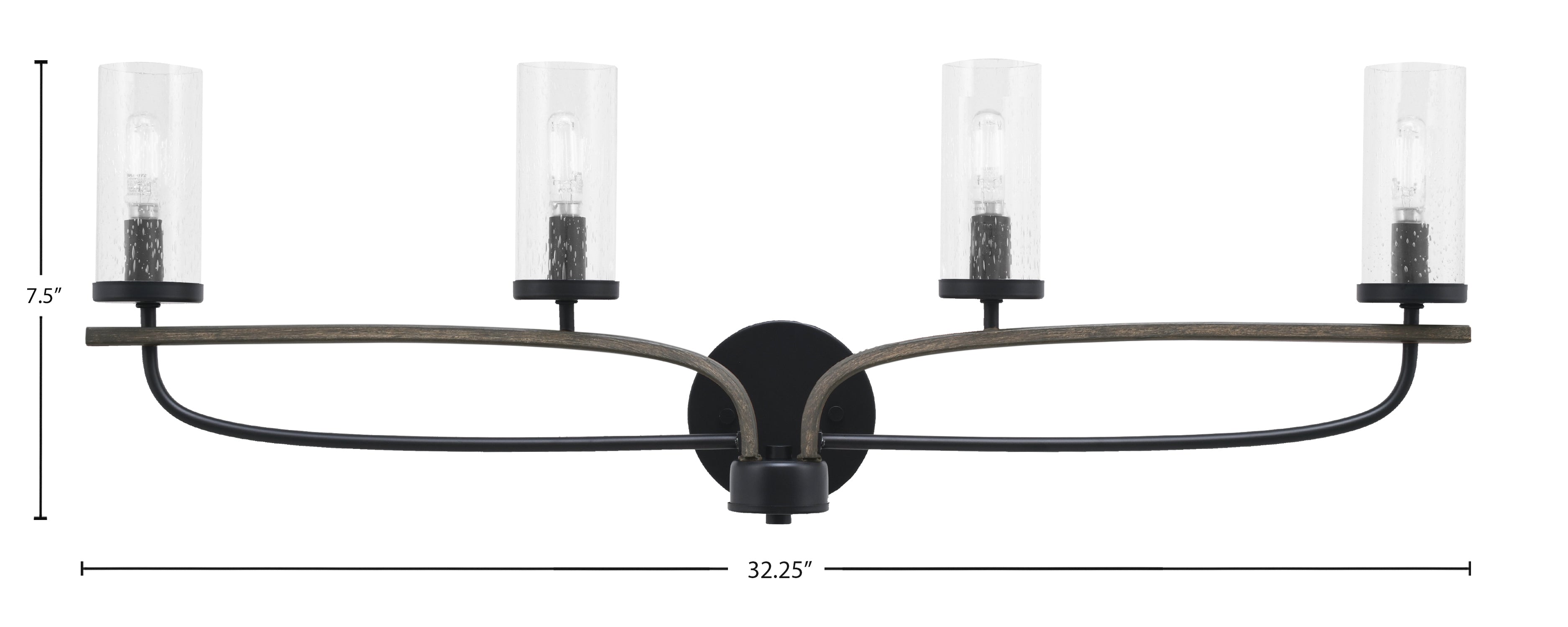 Monterey Four Light Bath Bar in Matte Black & Painted Distressed Wood-look Metal with 2.5" Clear Bubble Shade
