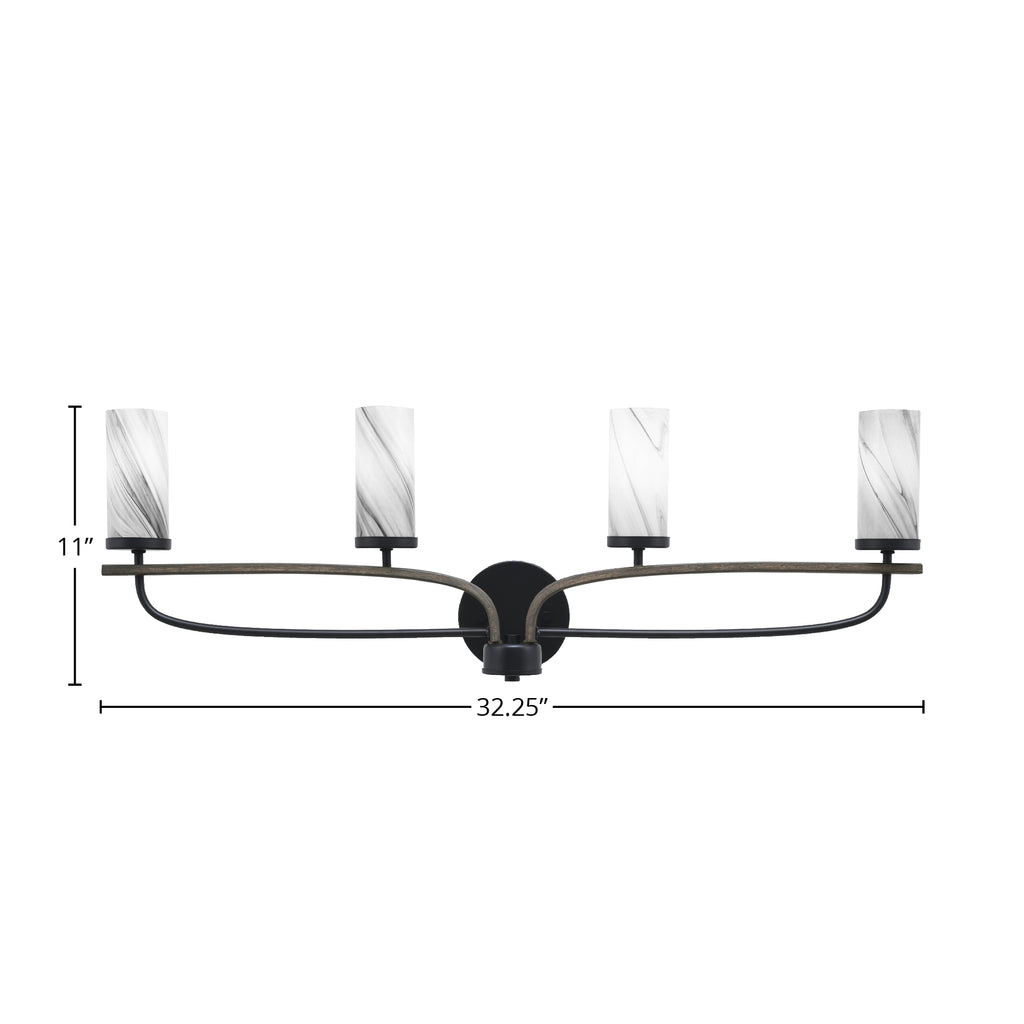 Monterey Four Light Bath Bar in Matte Black & Painted Distressed Wood-look Metal with 2.5" Onyx Swirl Shade