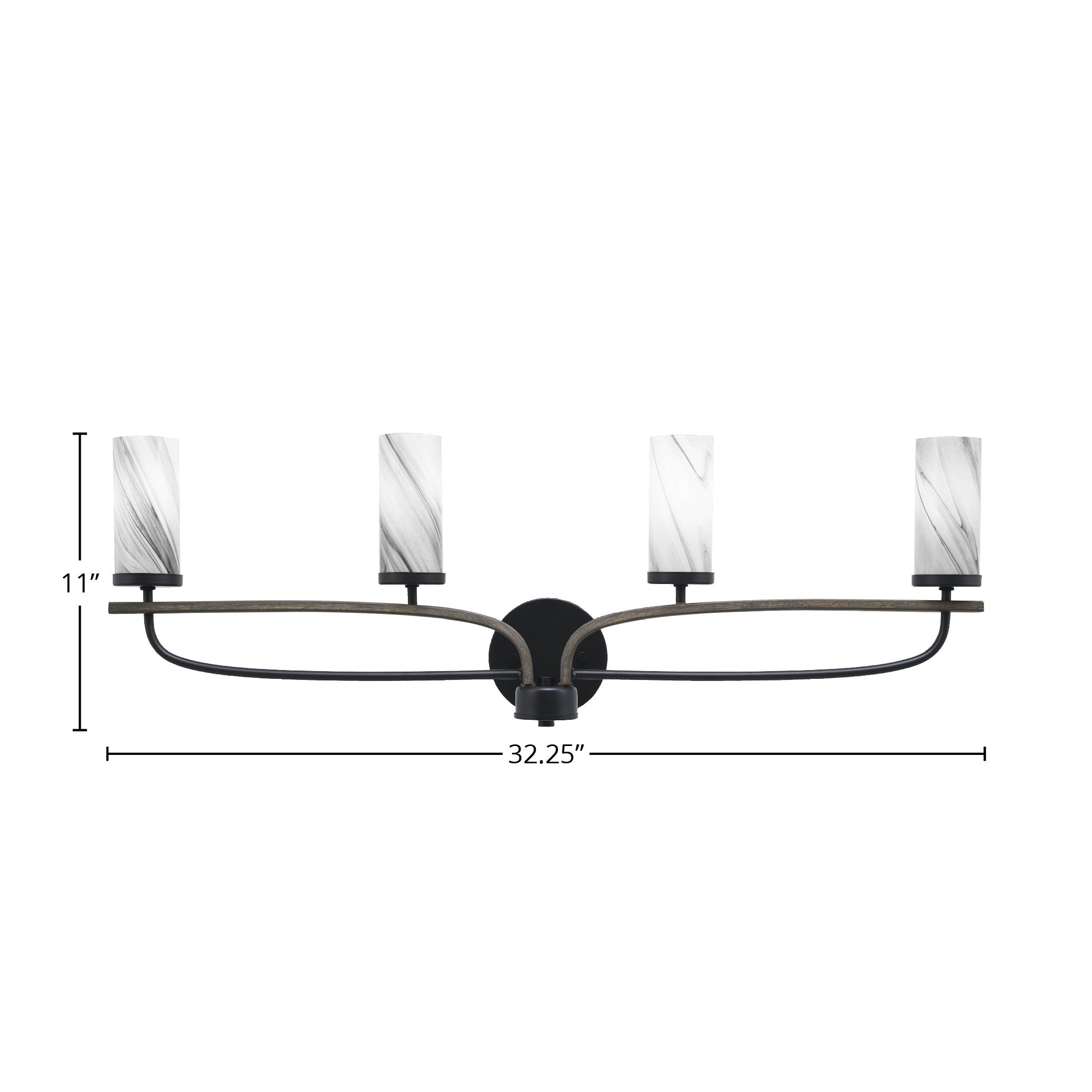 Monterey Four Light Bath Bar in Matte Black & Painted Distressed Wood-look Metal with 2.5" Onyx Swirl Shade