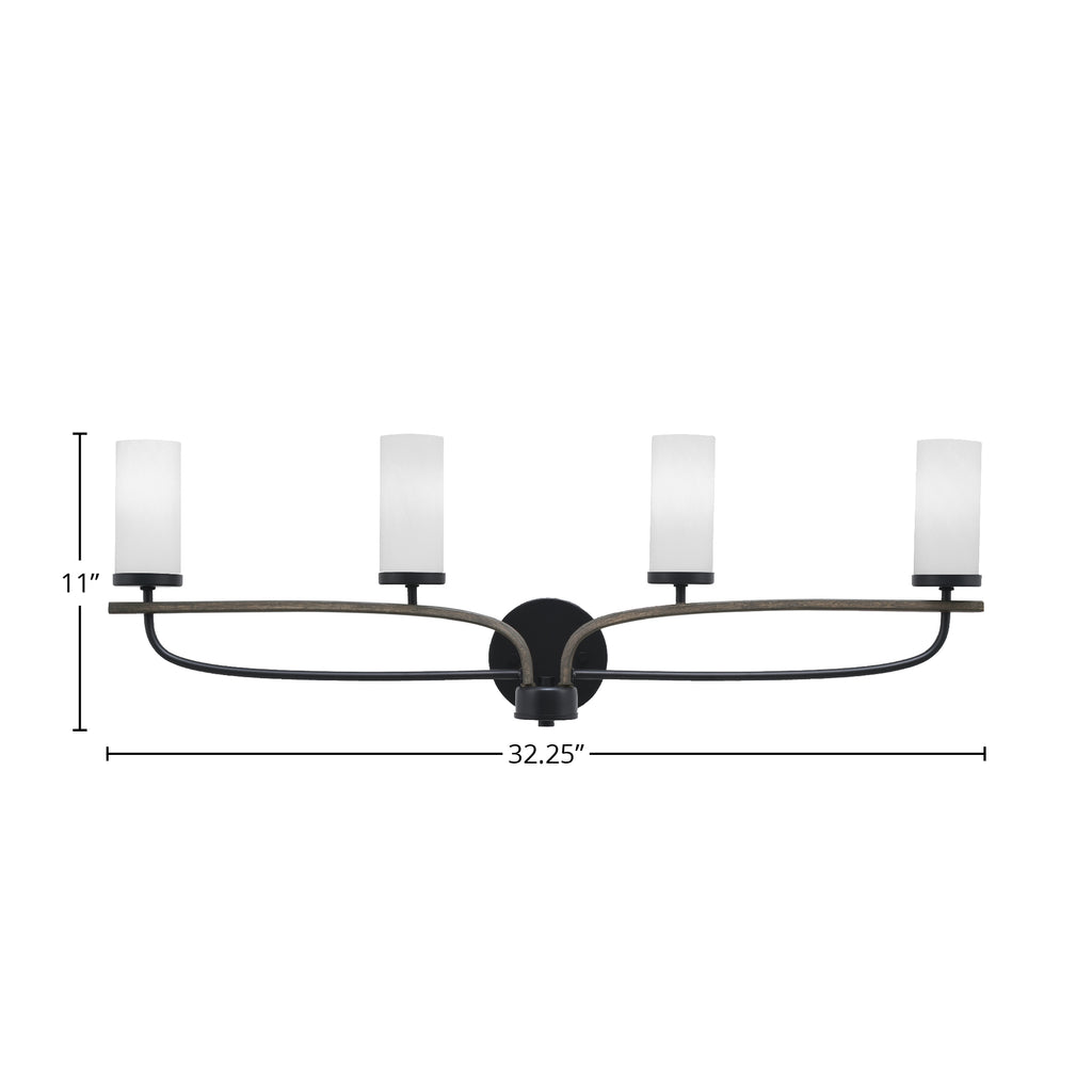Monterey Four Light Bath Bar in Matte Black & Painted Distressed Wood-look Metal with 2.5" White Marble Shade