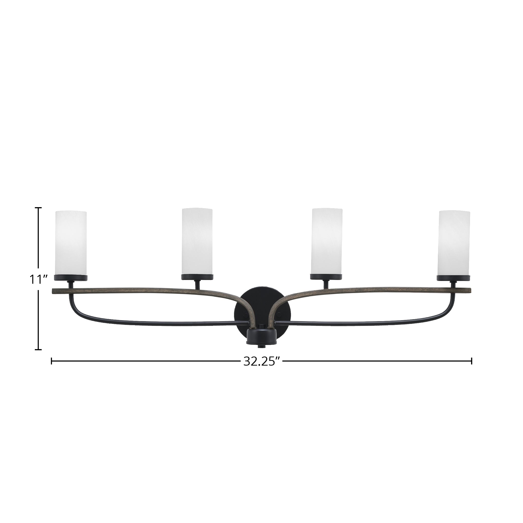 Monterey Four Light Bath Bar in Matte Black & Painted Distressed Wood-look Metal with 2.5" White Marble Shade