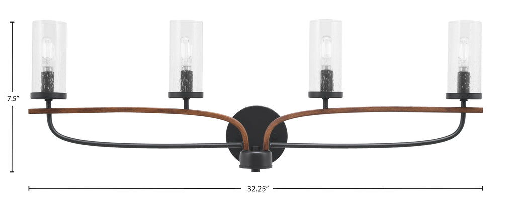 Monterey Four Light Bath Bar in Matte Black & Painted Wood-look Metal with 2.5" Clear Bubble Shade