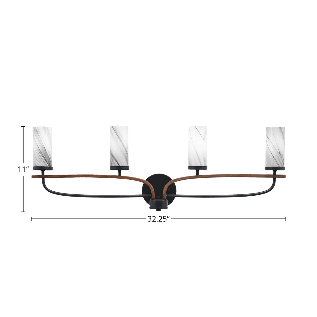 Monterey Four Light Bath Bar in Matte Black & Painted Wood-look Metal with 2.5" Onyx Swirl Shade