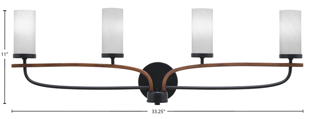 Monterey Four Light Bath Bar in Matte Black & Painted Wood-look Metal with 2.5" White Marble Shade